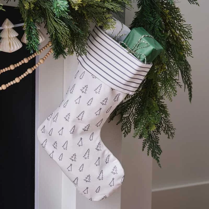 Grey Tree And Stripe Printed Christmas Stocking - 45cm