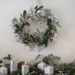 Mistletoe, Pine Cone & Silver Foliage Christmas Wreath - 40cm