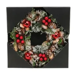 30cm Snowy Red Bauble/Clear Beads Wreath
