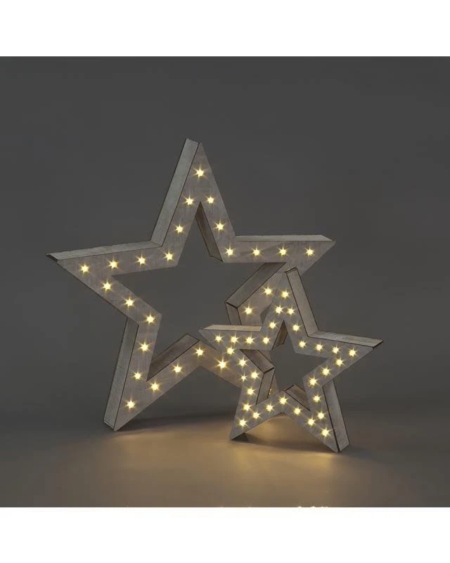 Grey Wood LED Star Lights - 48cm & 29cm (2pk)